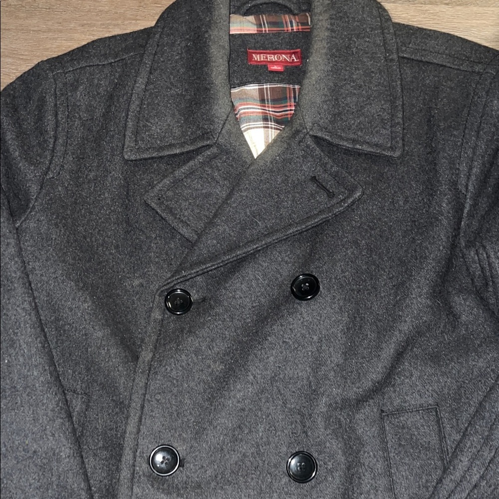 Merona Men's Dark Gray  Charcoal Double-Breasted  Wool Blend Peacoat L GUC